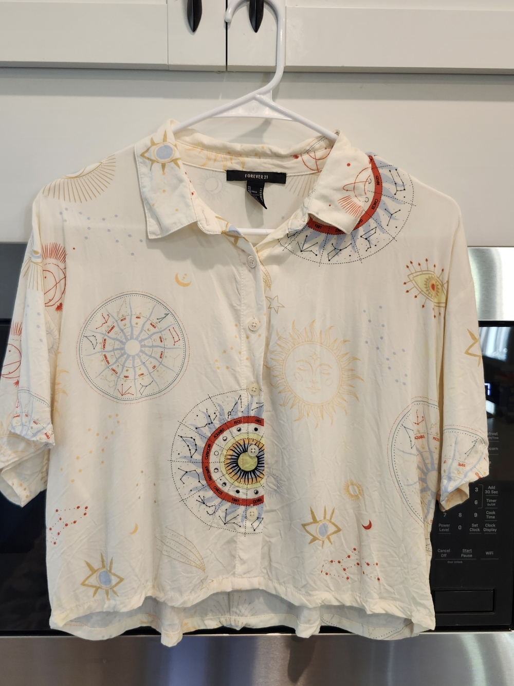 Forever 21 Cream Short-Sleeve Button-Down with Celestial Compass Print